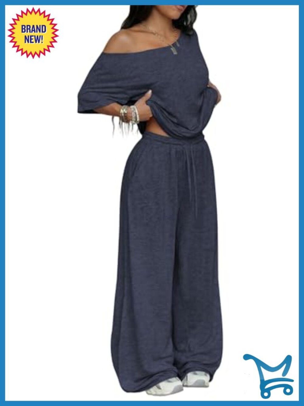Women's Off Shoulder Two Piece Lounge Set Short Sleeve Top Wide Leg Sweatpa